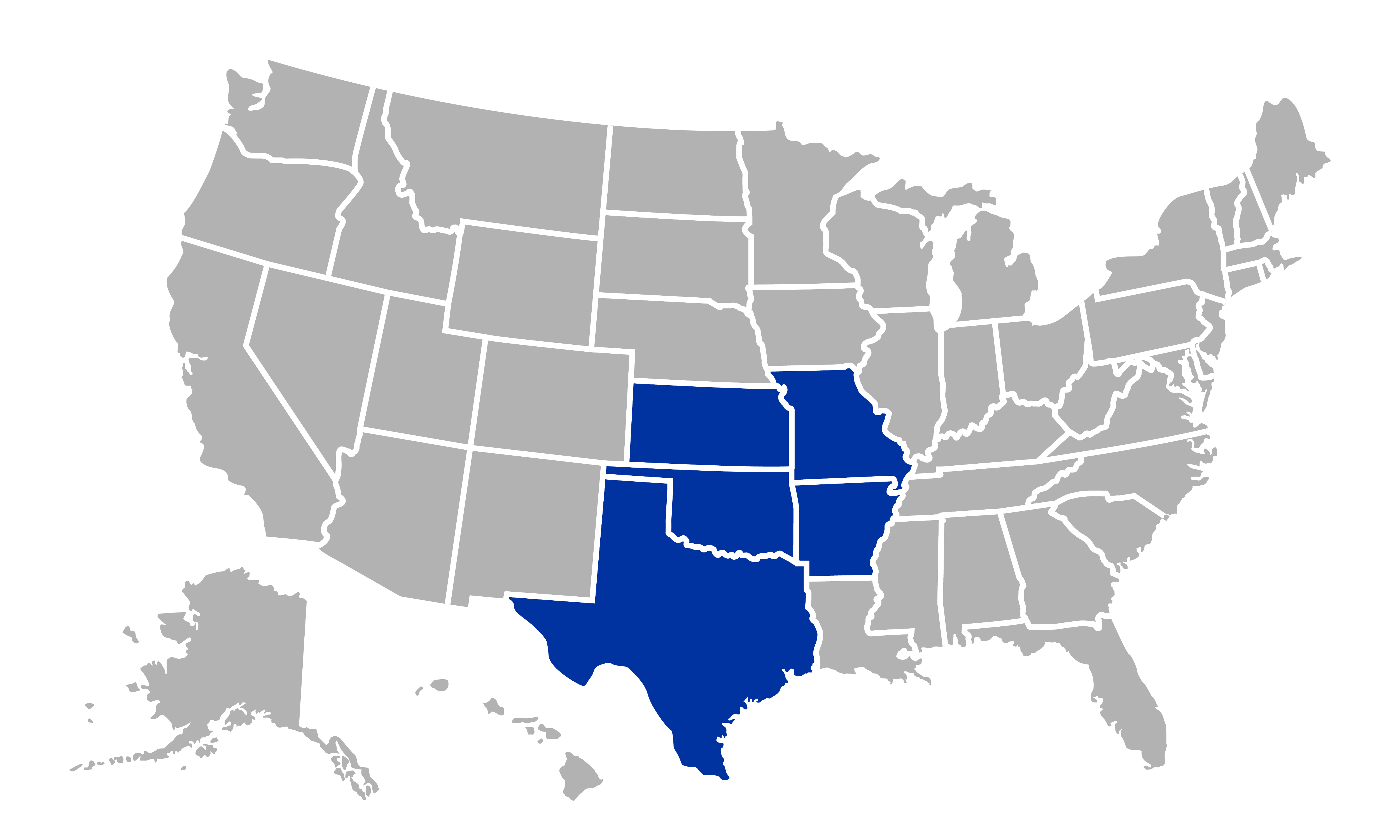 Map of the United States with Texas, Arkansas, Oklahoma, Kansas and Missouri filled in blue.