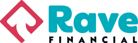 Magenta square with an upward arrow cut out of the negative space of it. Rave in teal letters with Financial below in smaller black letters. 