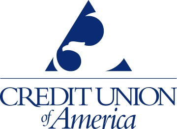 Blue triangle with an eagle cut out of it. Horizontal line. Credit Union of America in blue font.