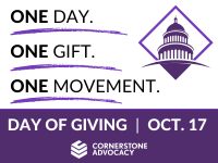 One Day. One. Gift. One Movement. underlined in purple pencil marks. with a capitol building off to the side. Day of Giving July 20. 