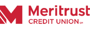 Large red M with two diagonal white lines through the far left side. Meritrust Credit Union spelled out to the right. 