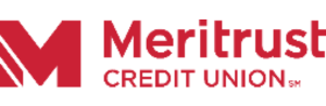 Large red M with two diagonal white lines through the far left side. Meritrust Credit Union spelled out to the right.