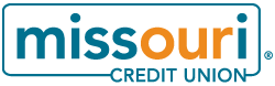 The word missouri spelled out inside a thin blue box with our letters spelling our accented in organge. Credit Union underneath.