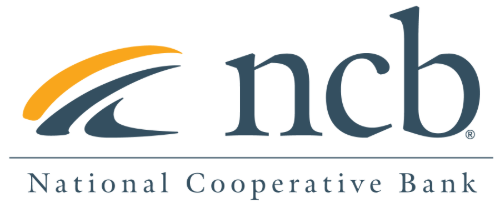 An abstract yellow and blue logo mark that looks like a wave followed by the letters ncb in lowercase above a line and then National Cooperative Bank spelled out at the bottom