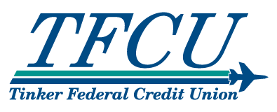 TFCU in italic blue font underlined in teal and blue lines that look like a airplane jetstream behind a small blue airplane. Tinker Federal Credit Union spelled out below.