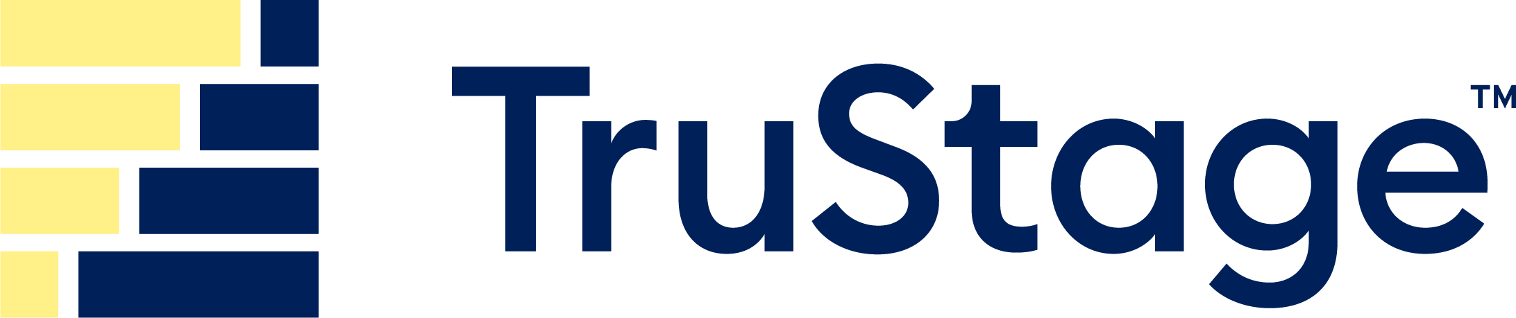 Logomark is a box with staggered bars of pale yellow and blue. Begins with primarily yellow on the first line and progressed to primarily blue on the bottom line. TruStage in blue lettering to the left of the logomark. 