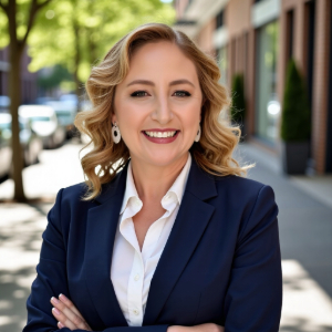 Smiling person with curled blond hair right at shoulder length wearing a white shirt and blue blazer standing outside
