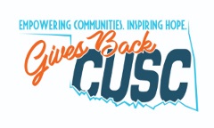 Outline of Oklahoma with the phrase Empowering Communities. Inspiring hope. along the top and CUSC Gives back filling the rest of the state.