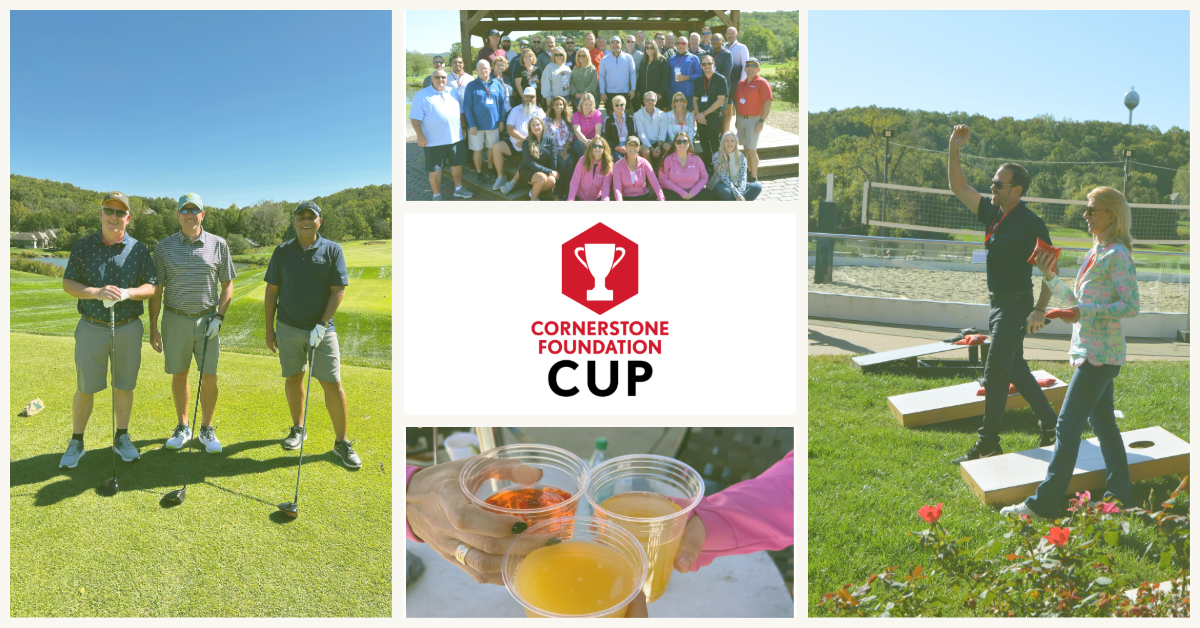 Golfers ready to tee off, group of people outside, three cups cheering and two people mid throw playing cornhole.