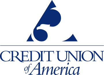 Blue triangle with eagle inside of it with Credit Union of America spelled out below