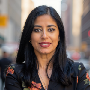 Smiling person with long dark hair wearing a flowered blouse