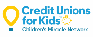 Balloon icon followed by Credit Unions for Kids with a small piggy bank and Children's Miracle Network