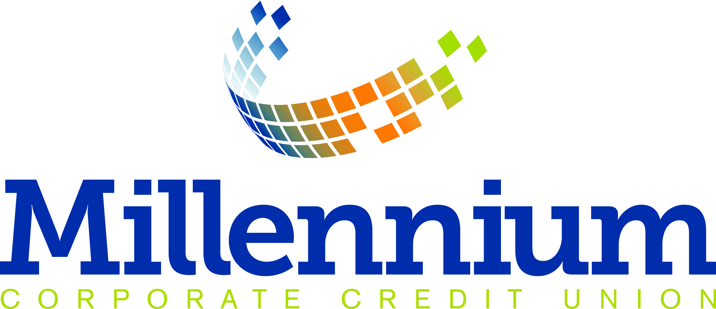 Swoop shape comprised of squares ranging from blue through orange to green. Millennium in blue with Corporate Credit Union in green below it.