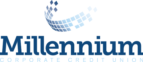Swoop shape comprised of squares ranging from blue through orange to green. Millennium in blue with Corporate Credit Union in green below it.