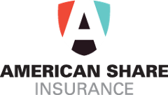Red teal and black shield with an A cut away with American Share Insurance below